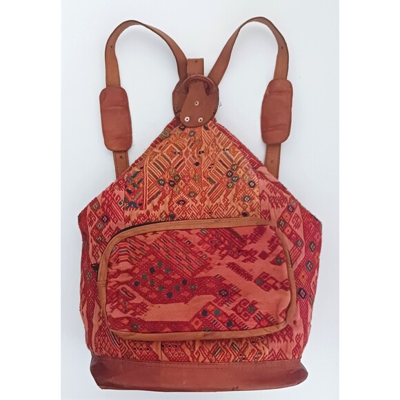 Handwoven Guatemalan Textile Lg Backpack Brown Leather Straps Hippie Boho main image 5